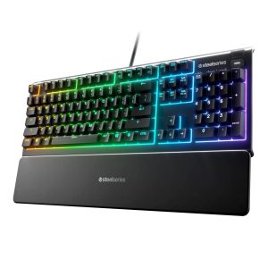 SteelSeries Apex 3 RGB Gaming Keyboard with whisper-quiet switches and customizable RGB lighting.