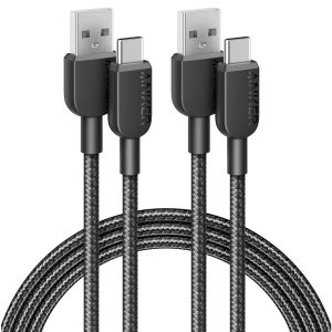 Anker USB A to USB C Cable, 6FT, black nylon braided for reliable charging and data transfer for Samsung Galaxy and USB-C devices.