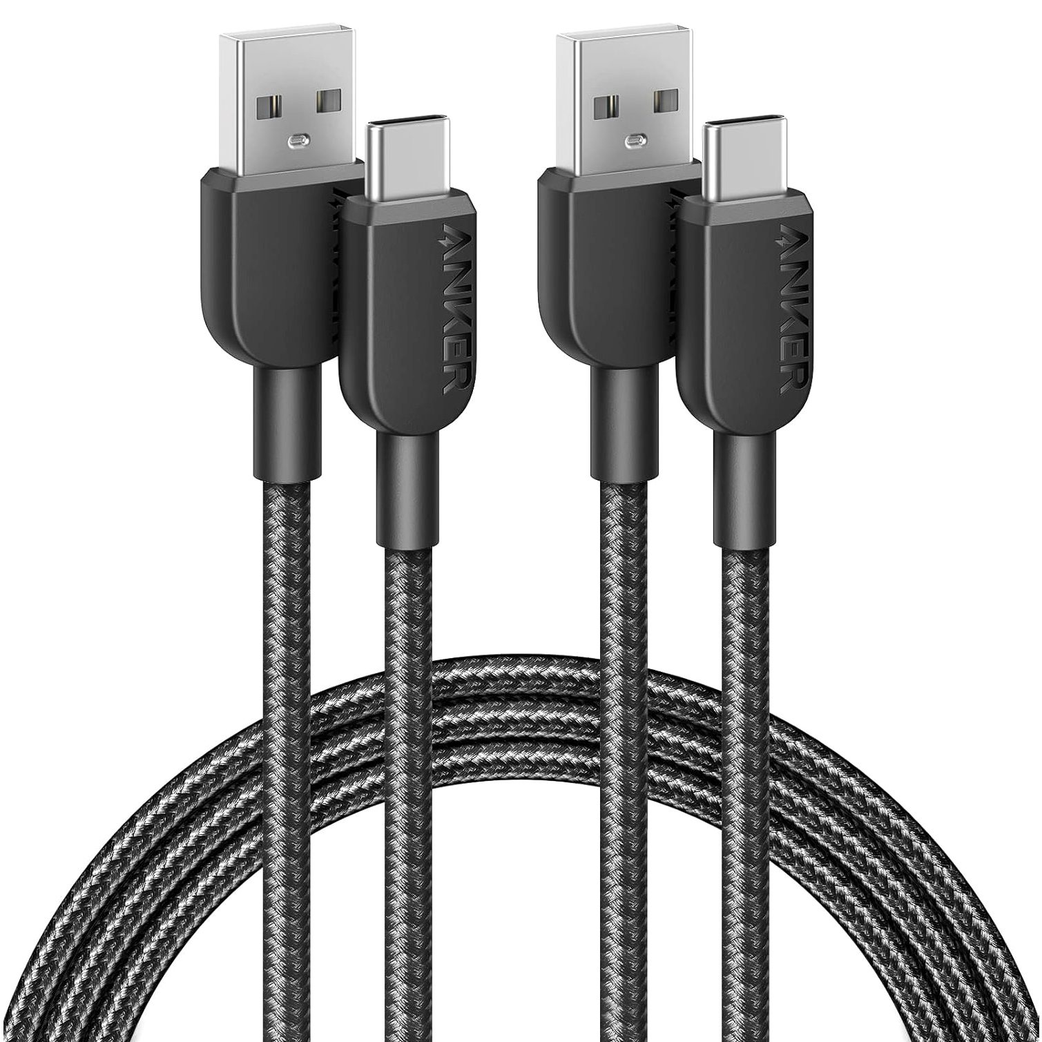 Anker USB A to USB C Cable, 6FT, black nylon braided for reliable charging and data transfer for Samsung Galaxy and USB-C devices.