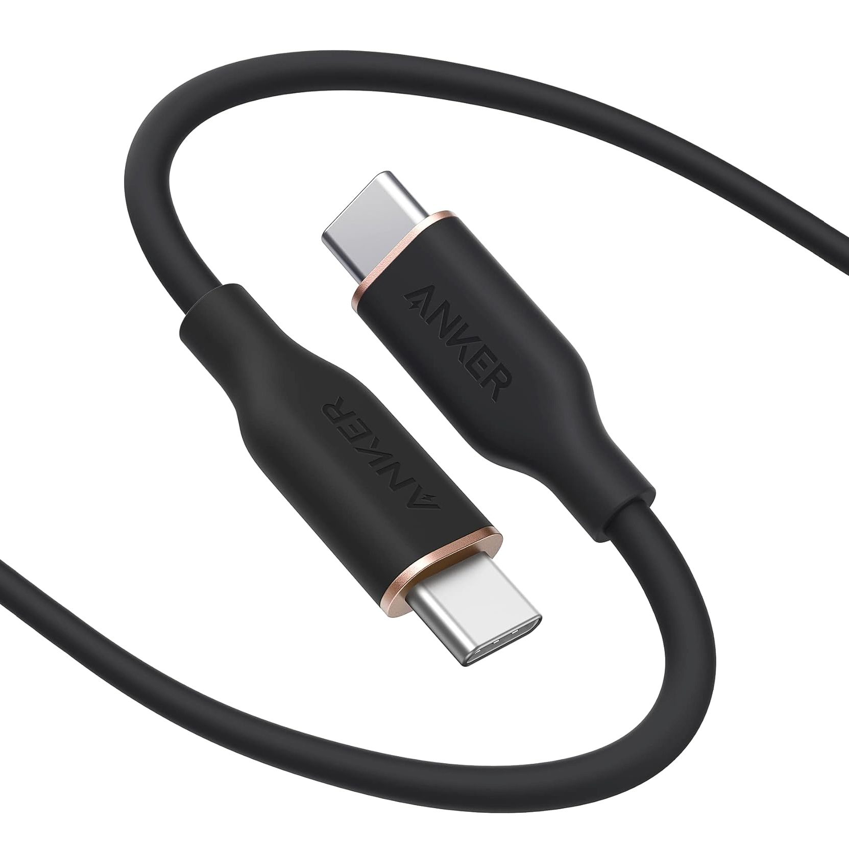 Anker Flow USB C Cable [6FT, 100W] in black silicone for fast charging and data transfer with USB-C devices like MacBook and iPhone.