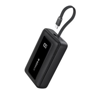 Anker Zolo Power Bank 20,000mAh with built-in USB-C cable for fast charging smartphones, laptops, and tablets.