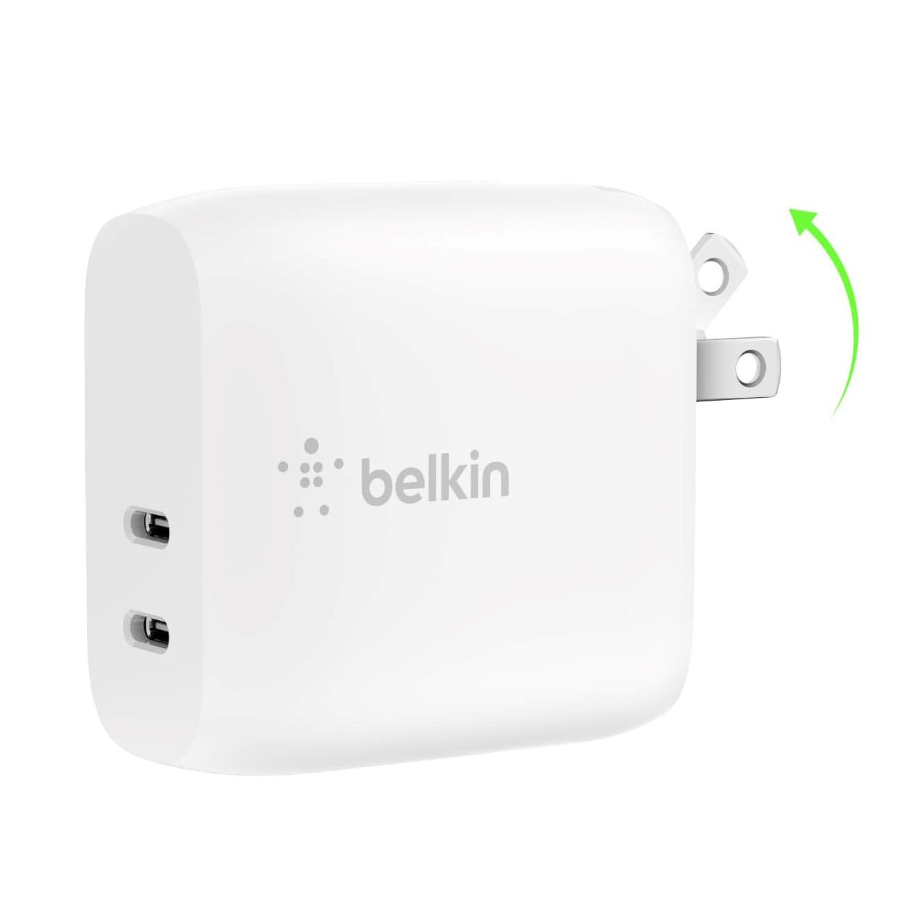 Belkin 40W USB-C Wall Charger with dual fast-charging ports and compact travel design.