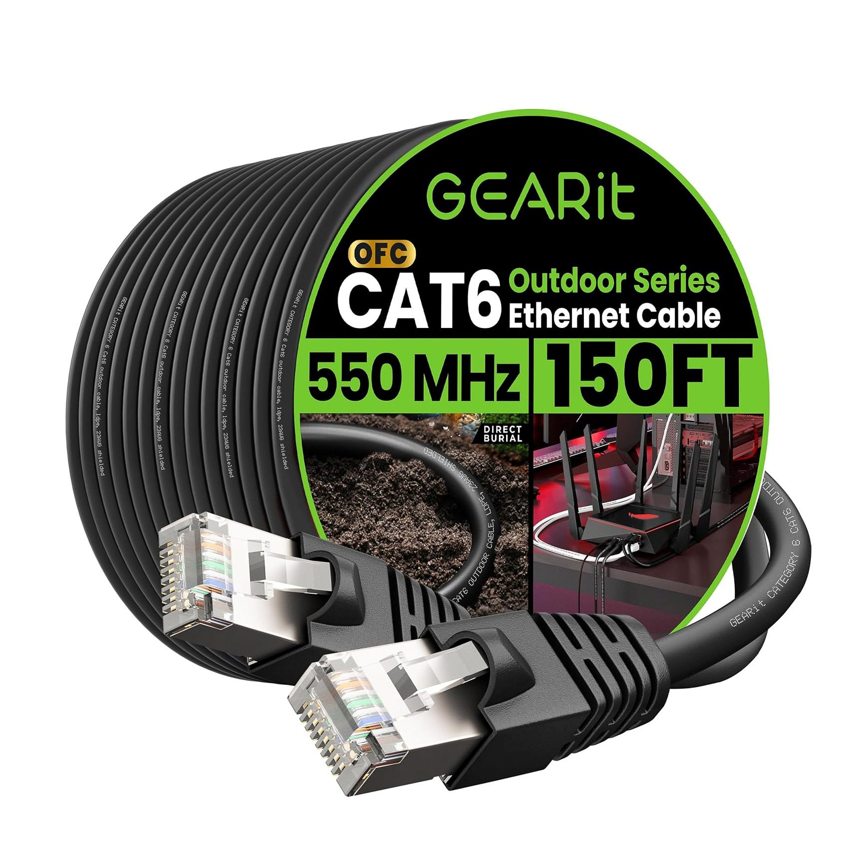 GearIT Cat6 Outdoor Ethernet Cable 150ft with waterproof design and high-speed performance.