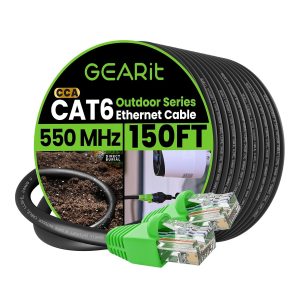 GearIT Cat6 Outdoor Ethernet Cable – 150ft, Direct Burial, Waterproof, UV Resistant, Gold-Plated RJ45 Connectors.