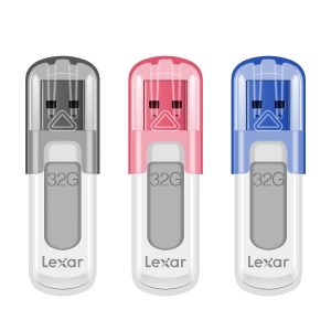 Lexar 32GB JumpDrive V100 USB Flash Drive in gray, pink, and blue for fast storage and backup.