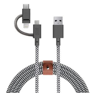 Native Union Belt Cable Universal – 6.5ft 3-in-1 Charging Cable with Lightning, USB-C, and Micro-USB connectors, durable reinforced design, and leather strap.