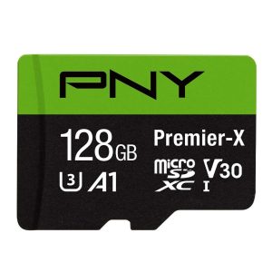 PNY 128GB Premier-X Class 10 U3 V30 microSDXC card with 100MB/s read speed, A1 app performance, 4K UHD video support, and shockproof durability for mobile devices.