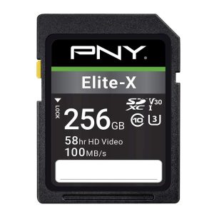 PNY 256GB Elite-X Class 10 U3 V30 SDXC memory card with 100MB/s read speed – durable, shockproof, waterproof, and perfect for 4K UHD video.