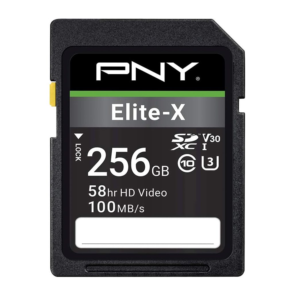 PNY 256GB Elite-X Class 10 U3 V30 SDXC memory card with 100MB/s read speed – durable, shockproof, waterproof, and perfect for 4K UHD video.