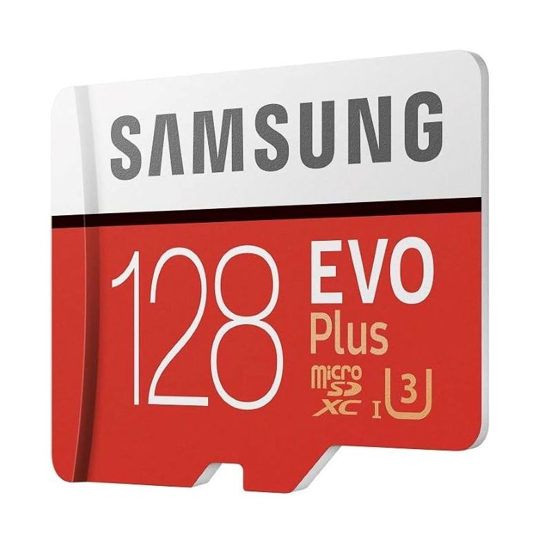Samsung 128GB EVO Plus microSDXC memory card with adapter – 4-proof protection, fast speeds, and 4K UHD video compatibility.