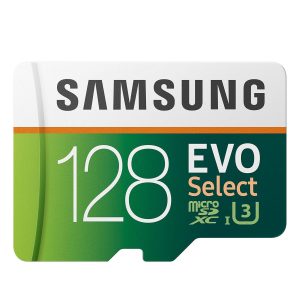 Samsung EVO Select 128GB microSDXC memory card with adapter for 4K UHD video and high-resolution photo storage.