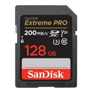 SanDisk 128GB Extreme PRO SDXC UHS-I Memory Card with 200MB/s read and 90MB/s write speeds.
