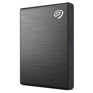 Seagate One Touch 500GB SSD, portable external solid-state drive with speeds up to 1030MB/s, and free photo management software.