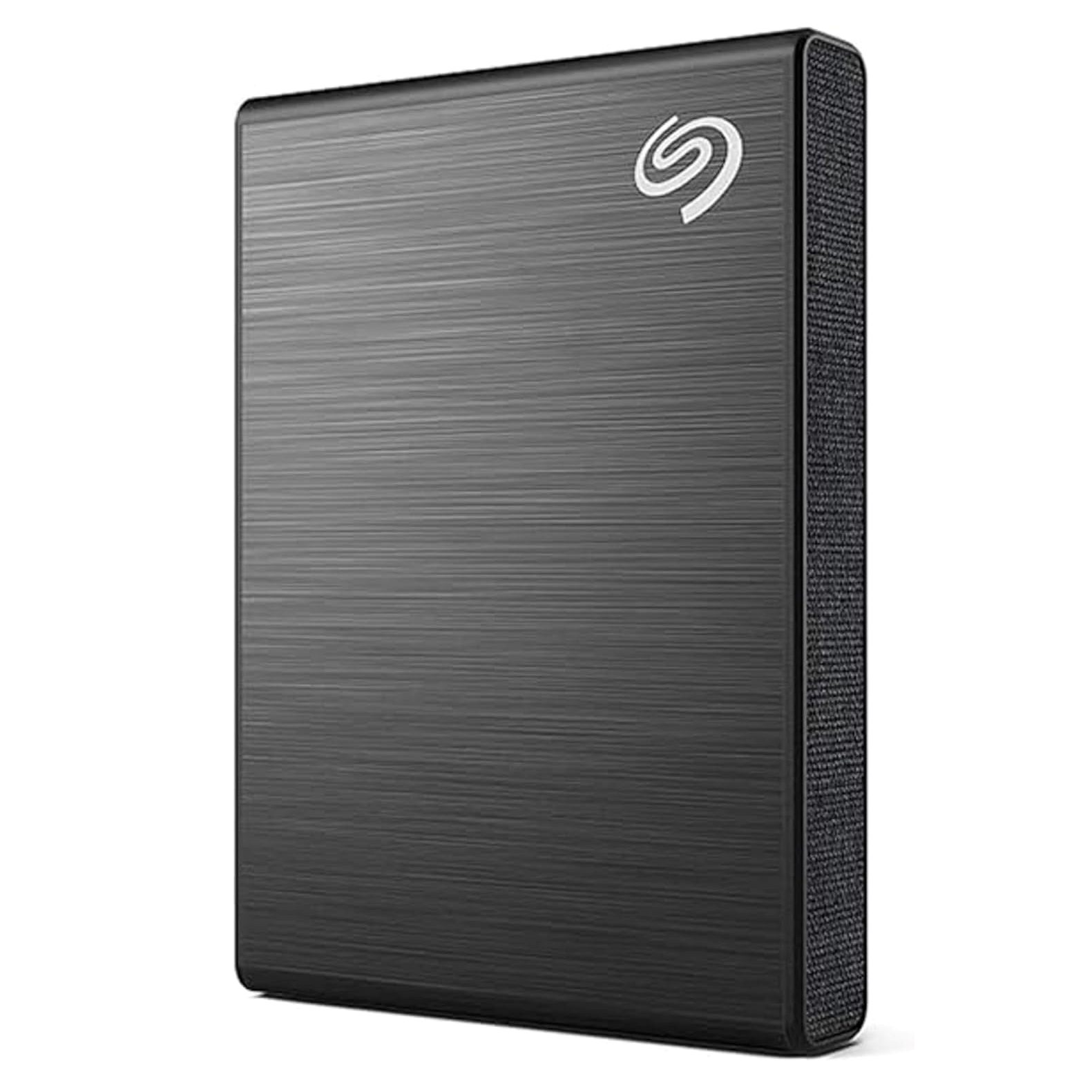 Seagate One Touch 500GB SSD, portable external solid-state drive with speeds up to 1030MB/s, and free photo management software.