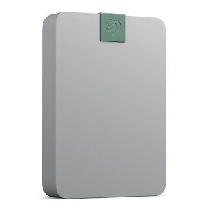 Seagate Ultra Touch 5TB External Hard Drive in Pebble Grey with USB-C compatibility, recycled material design, and lightweight portability.