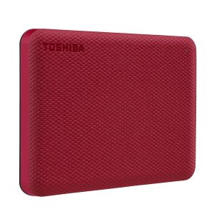 Toshiba Canvio Advance 2TB Portable External Hard Drive, red finish, USB 3.0 compatible with password protection and backup software.