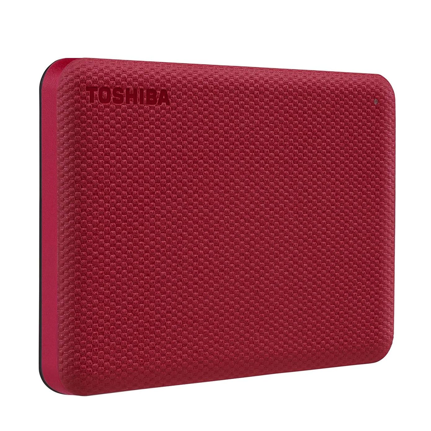 Toshiba Canvio Advance 2TB Portable External Hard Drive, red finish, USB 3.0 compatible with password protection and backup software.