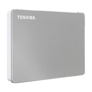 Toshiba Canvio Flex 2TB Portable External Hard Drive, silver finish, USB-C and USB 3.0 compatible for PC, Mac, and tablets.