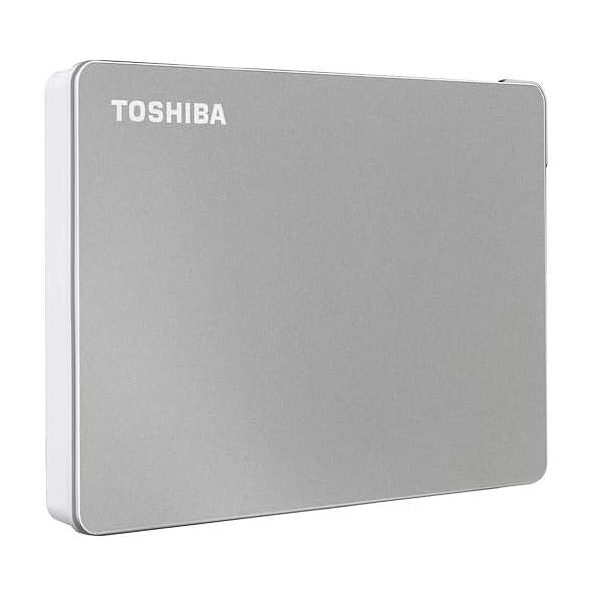 Toshiba Canvio Flex 2TB Portable External Hard Drive, silver finish, USB-C and USB 3.0 compatible for PC, Mac, and tablets.