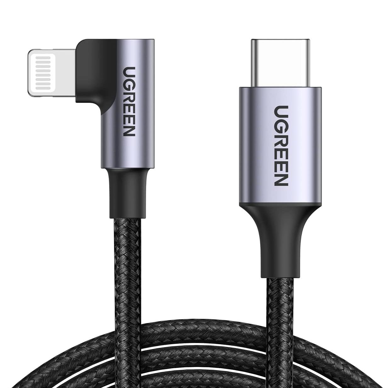 UGREEN 90-Degree USB-C to Lightning Cable, MFi Certified, fast charging, braided design, compatible with iPhones and iPads.