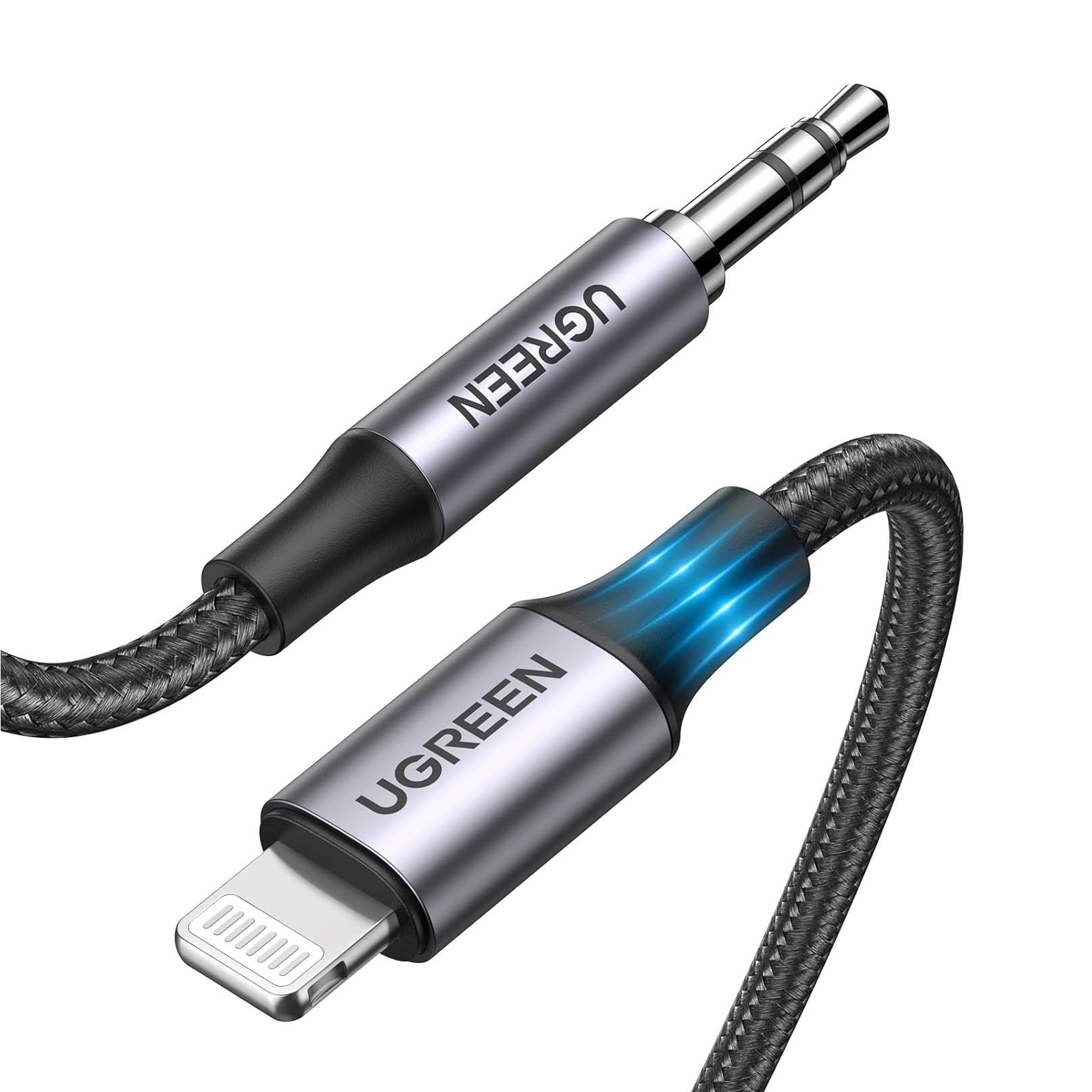 UGREEN Lightning to Aux Cable, 3.3FT, MFi Certified for iPhone, with braided design for durability and Hi-Fi sound quality.