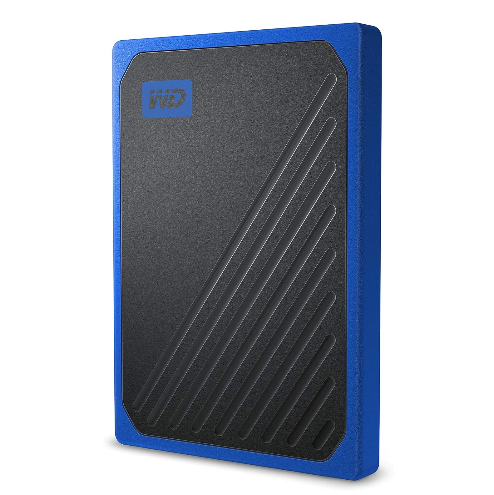 WD 500GB My Passport Go SSD in cobalt, portable external storage with USB 3.0 and drop resistance up to 2 meters.