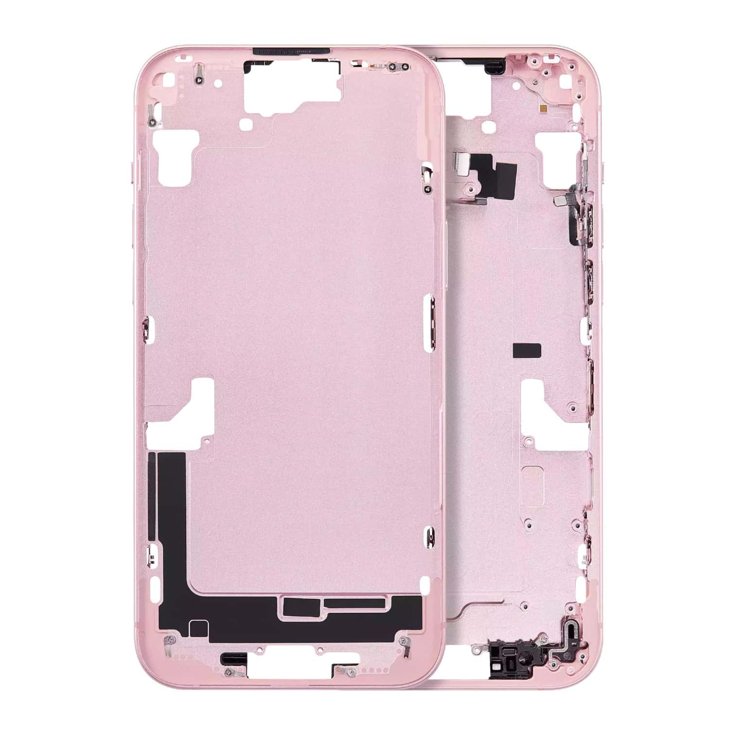 Aftermarket Pink Mid-Frame Housing with Power and Volume Button for 2023 iPhone 15 Plus A3094. Replace damaged or bent frames.