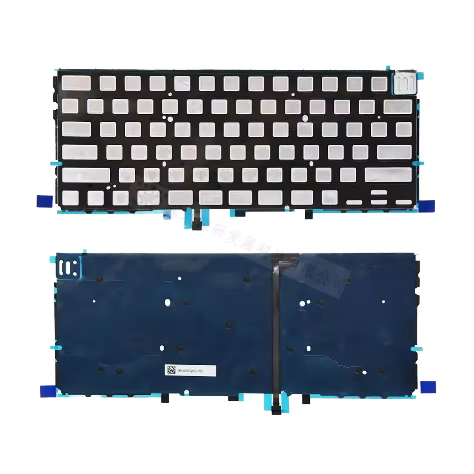 top-and-bottom-view-of-a-replacement-keyboard-backlight-assembly-for-the-macbook-pro-16-inch-2021-model-a2485-showing-the-key-cutout-grid-on-the-front-and-the-dark-blue-backing-with-ribbon-cables-on-the-rear