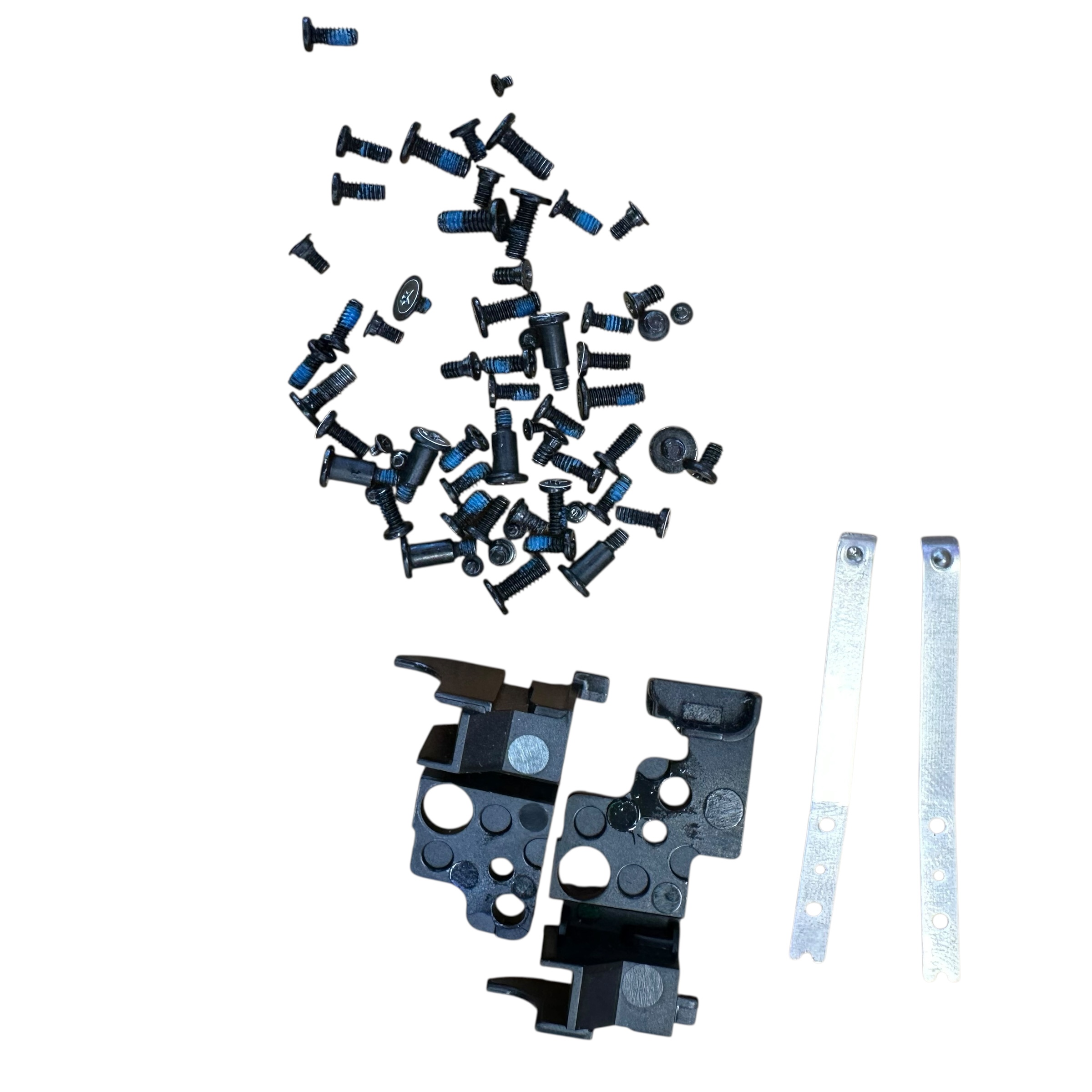 A top-down view of an original, used internal screw and hardware kit for a 2023 Razer Blade 18-inch laptop, including various black mounting screws with blue thread-locker, two black plastic internal brackets, and two thin silver metal grounding or retention strips.