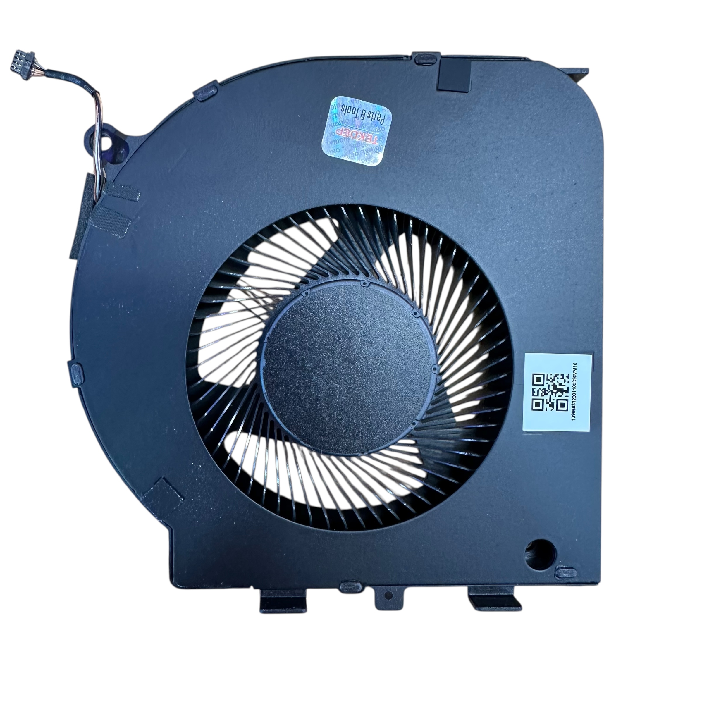 Top-down view of an original black left-side internal cooling fan for a 2023 Razer Blade 18-inch laptop, featuring a high-density multi-blade impeller, a holographic TEKDEP "Parts & Tools" security seal, a QR identification code, and a multi-pin power connector cable.