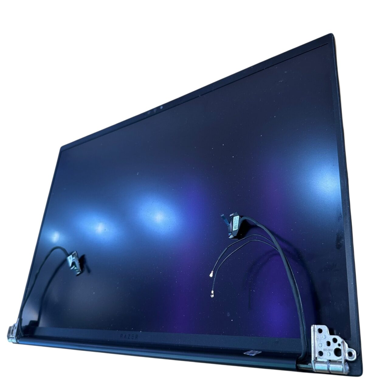 An 18-inch Razer Blade 18 (2023) QHD+ LCD display assembly in a matte black finish, showing the integrated hinges, dual Wi-Fi antenna cables, and the primary 40-pin video ribbon cable.