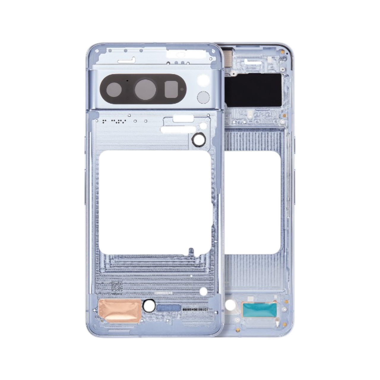 Replacement mid-frame chassis housing for Google Pixel 8 Pro in Bay color.