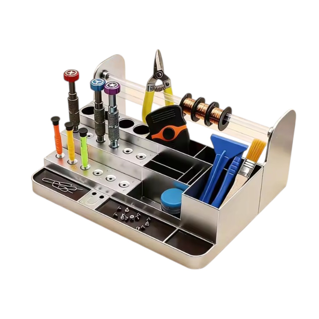 Multi-compartment plastic desktop storage organizer for repair tools, screwdrivers, and small parts.