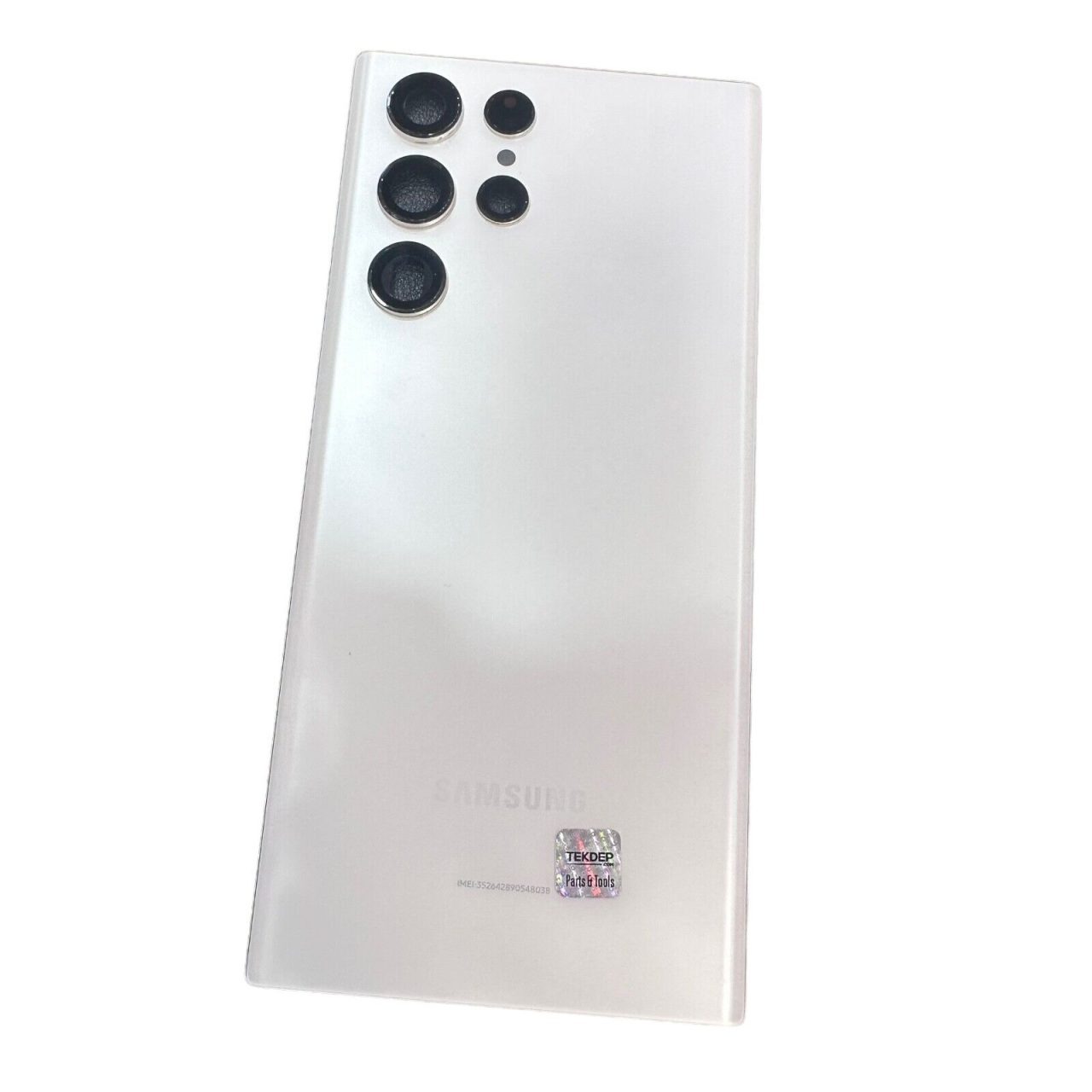 White original used back glass for Samsung Galaxy S22 Ultra 5G, Grade A condition.