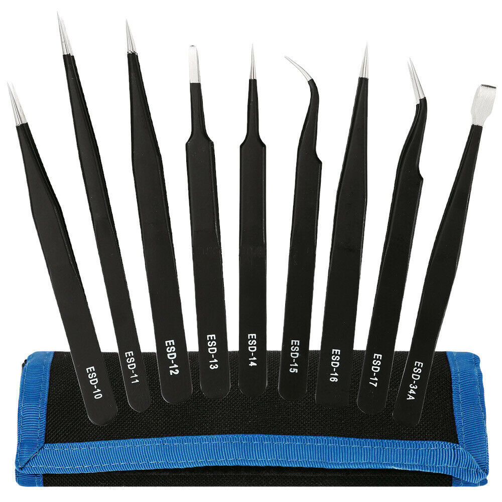 Kingsdun ESD-9 9pcs Anti-Static Stainless Steel Tweezers Set for Phone and Electronic Repair