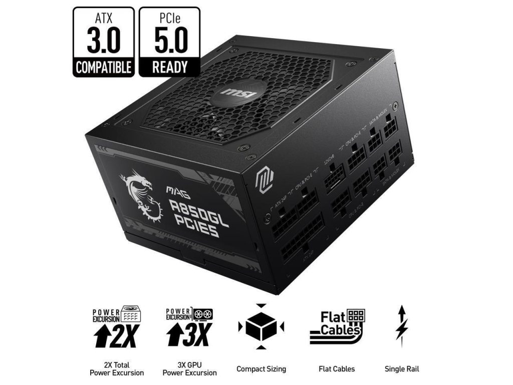 MSI - MAG A850GL PCIE 5.0, 80 GOLD Fully Modular Gaming PSU, 12VHPWR Cable