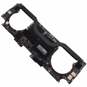 a-top-down-studio-shot-of-an-apple-macbook-pro-16-inch-a2141-logic-board-from-2019-showing-its-black-circuitry-prominent-heat-sink-and-two-large-circular-cutouts-for-the-cooling-fans-all-on-a-white-background